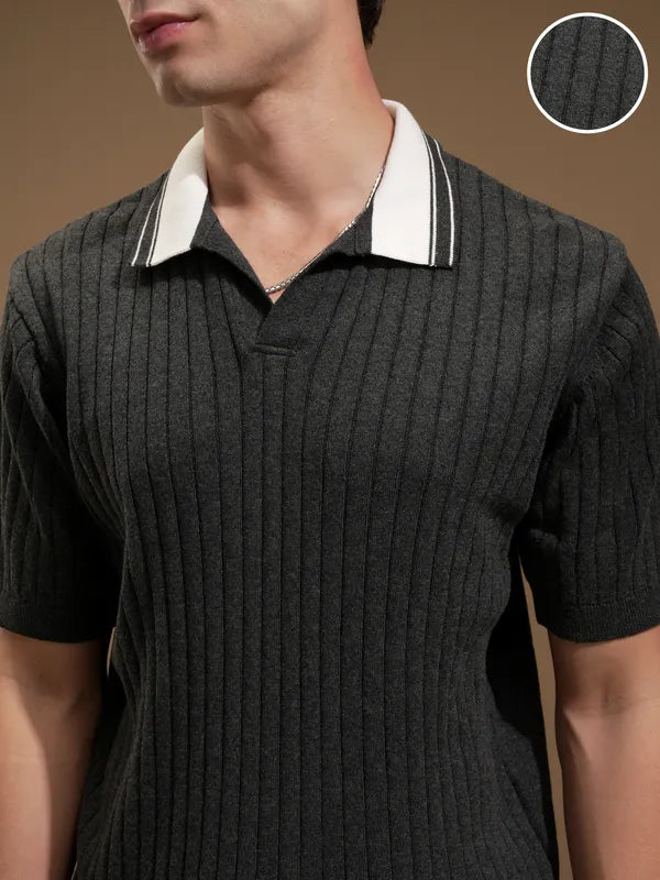 Suburbans Men Grey Self Design Polo Collar T-Shirt