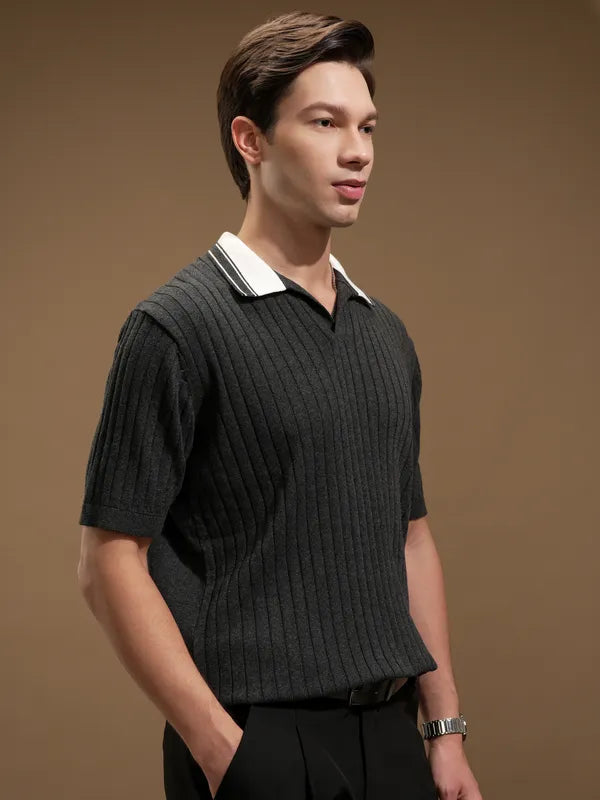 Suburbans Men Grey Self Design Polo Collar T-Shirt