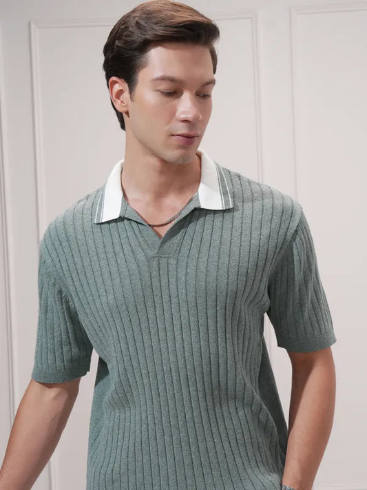 Suburbans  Men Green Self Design Polo Collar T-Shirt