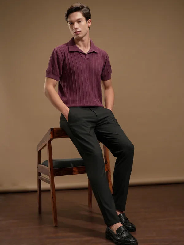 Suburbans Men Maroon Self Design Polo Collar T-Shirt