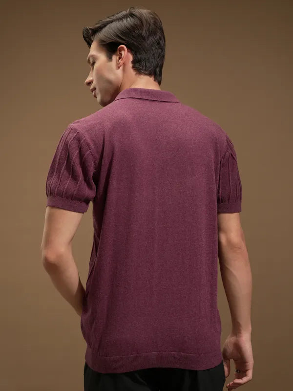 Suburbans Men Maroon Self Design Polo Collar T-Shirt