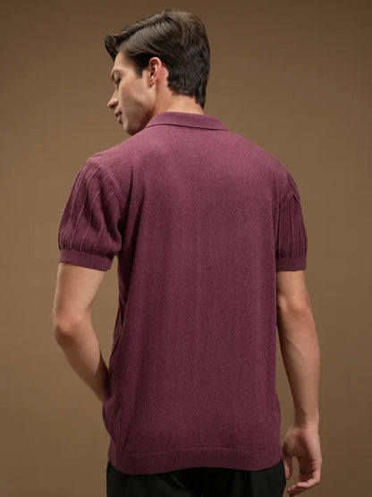 Suburbans Men Maroon Self Design Polo Collar T-Shirt