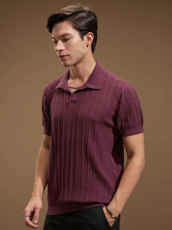 Suburbans Men Maroon Self Design Polo Collar T-Shirt