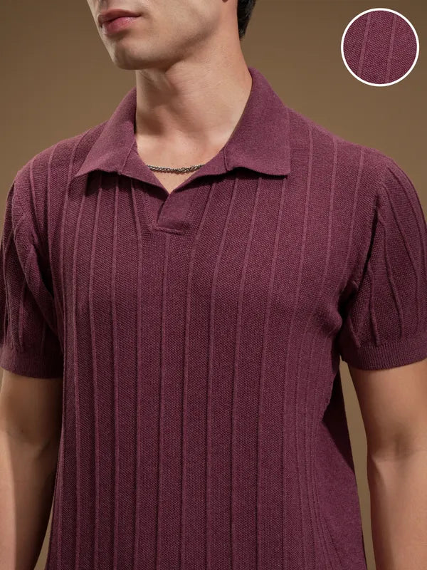 Suburbans Men Maroon Self Design Polo Collar T-Shirt