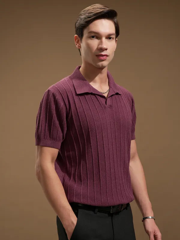 Suburbans Men Maroon Self Design Polo Collar T-Shirt