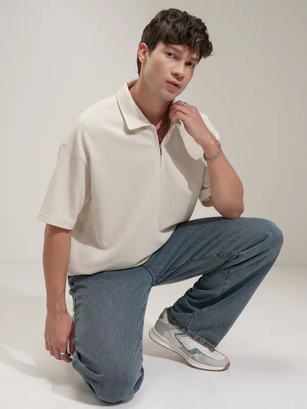Suburbans  Men White Self Design Polo Collar T-Shirt