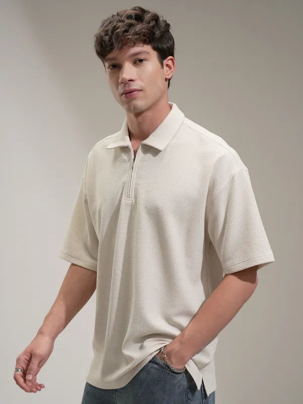 Suburbans  Men White Self Design Polo Collar T-Shirt