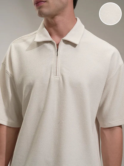 Suburbans  Men White Self Design Polo Collar T-Shirt