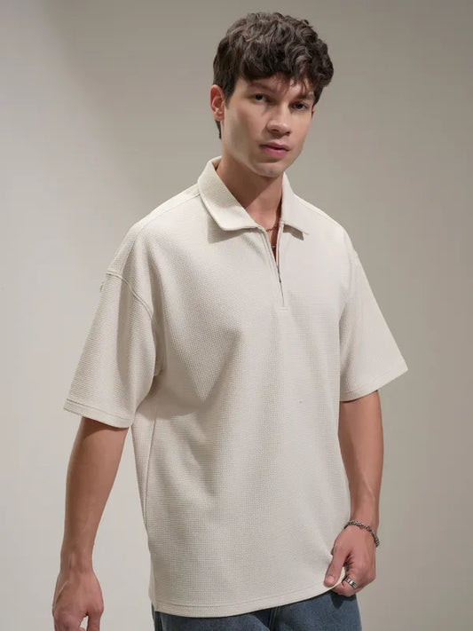 Suburbans  Men White Self Design Polo Collar T-Shirt