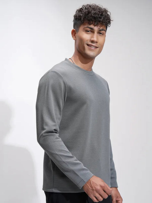 Suburbans Men Grey Self Design Relaxed Fit T-Shirt
