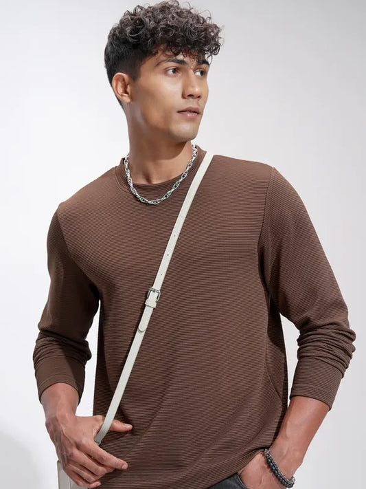 Suburbans  Men Brown Self Design Relaxed Fit T-Shirt