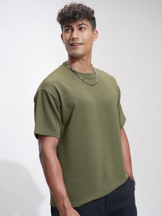 Suburbans  Men Olive Self Design Relaxed Fit T-Shirt