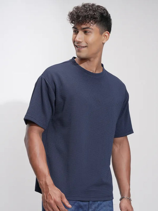 Suburbans Men Navy Blue Self Design Relaxed Fit T-Shirt