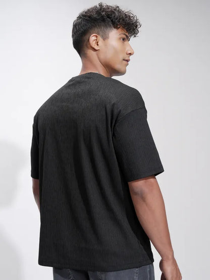 Suburbans Men Black Self Design Relaxed Fit T-Shirt