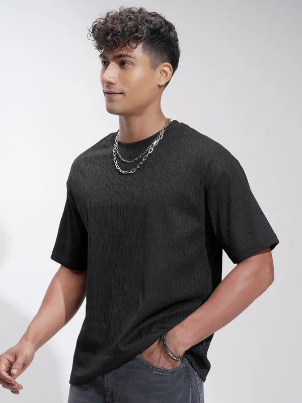 Suburbans Men Black Self Design Relaxed Fit T-Shirt