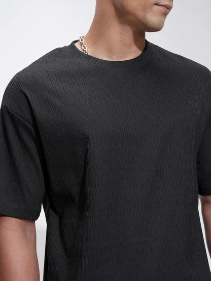 Suburbans Men Black Self Design Relaxed Fit T-Shirt
