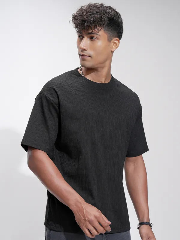 Suburbans Men Black Self Design Relaxed Fit T-Shirt