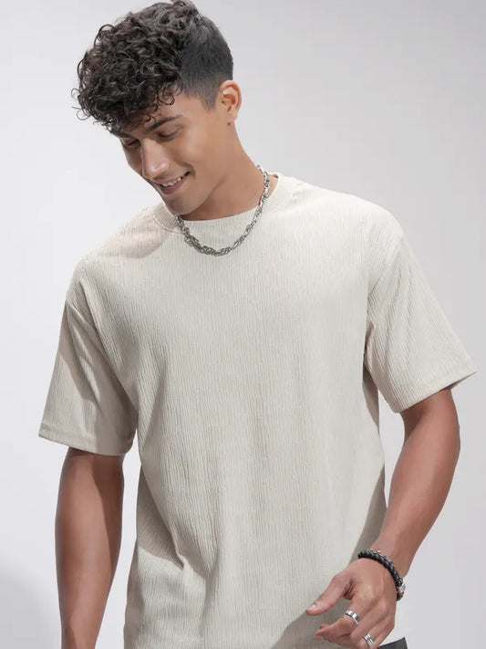 Suburbans Men Cream Self Design Relaxed Fit T-Shirt