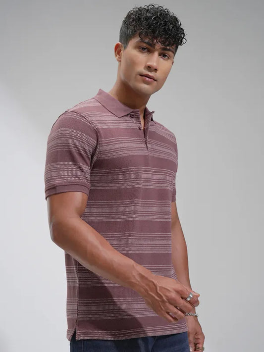 Suburbans Men Purple Self Design Polo Collar T-Shirt