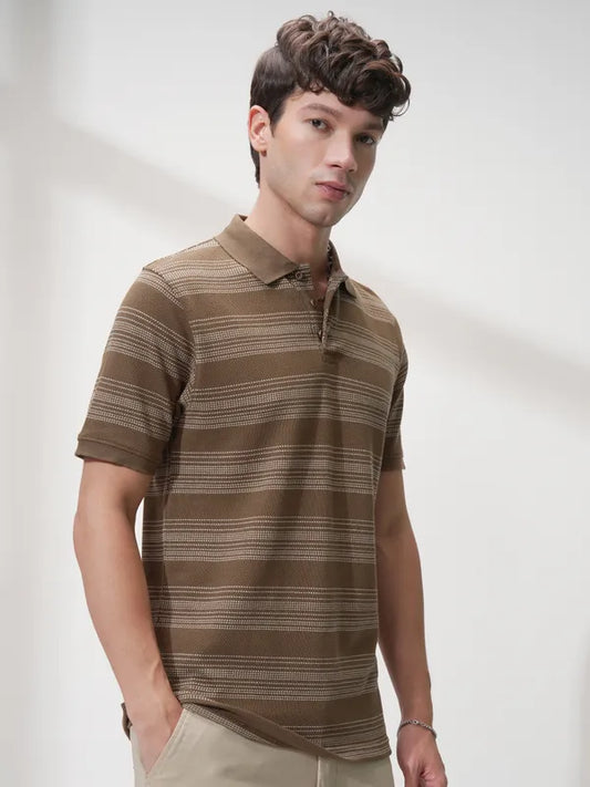 Suburbans  Men Brown Self Design Polo Collar T-Shirt