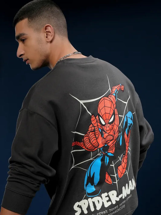 Suburbans Marvel By Highlander Men Grey Spider-Man Round Neck Pullover Sweatshirt