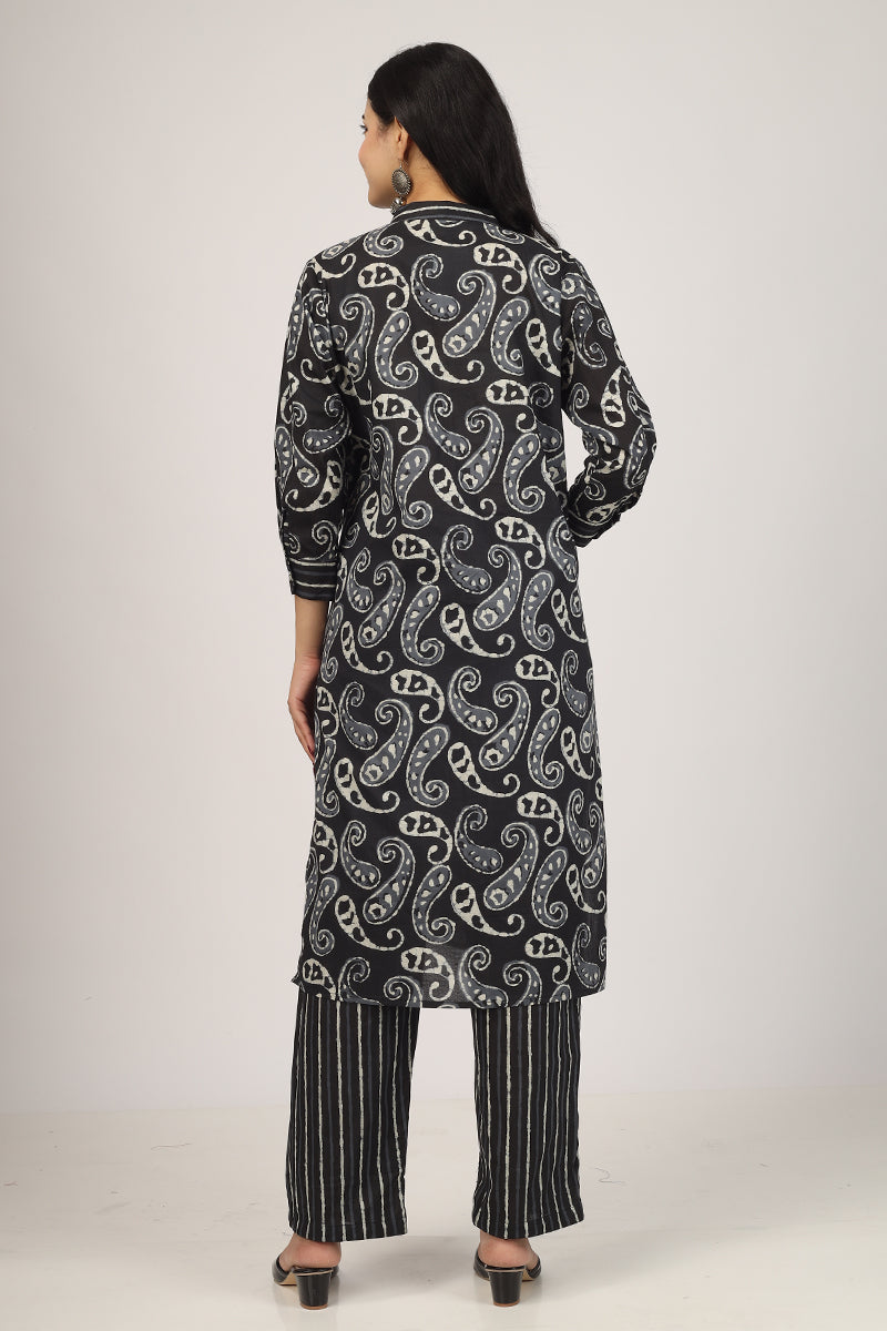 Floral Pattern Kurta Pyjama Set BLACK