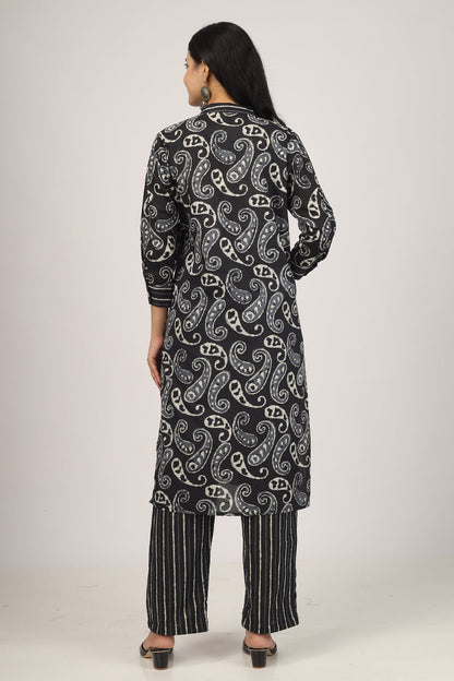 Floral Pattern Kurta Pyjama Set BLACK