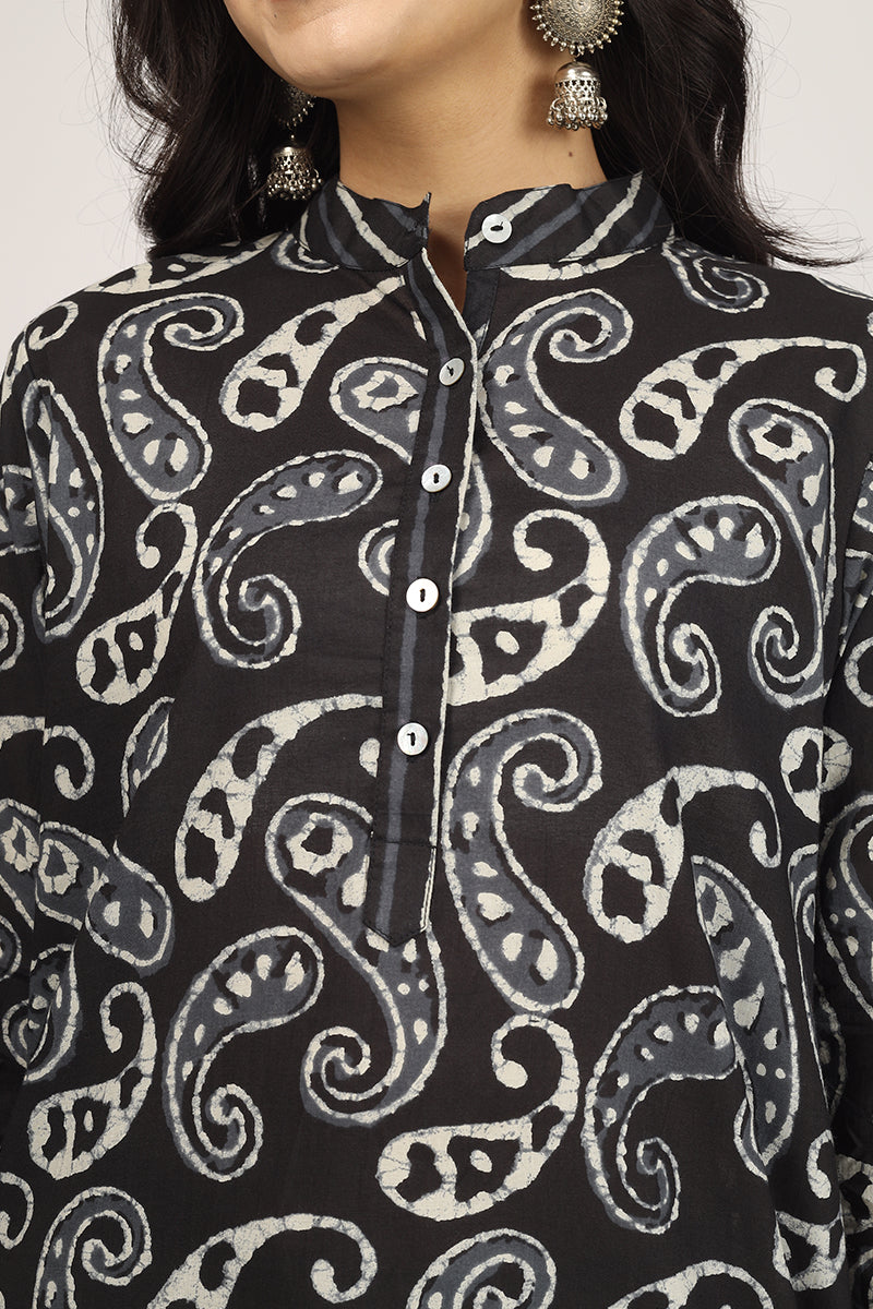 Floral Pattern Kurta Pyjama Set BLACK