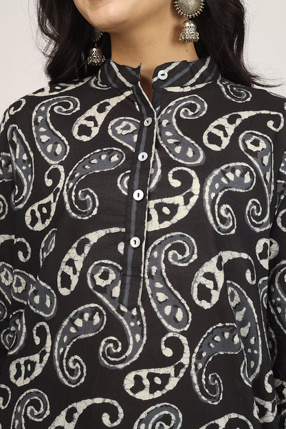 Floral Pattern Kurta Pyjama Set BLACK