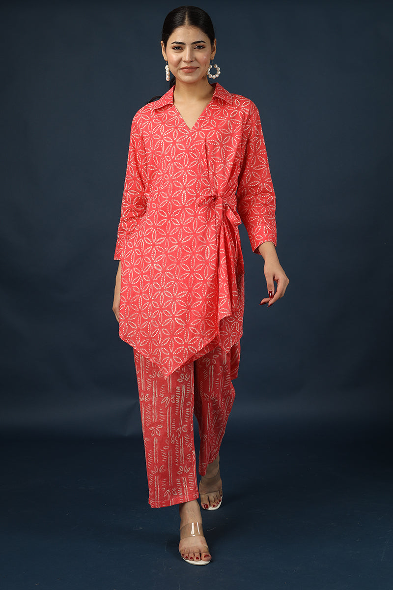 100% Cotton Muslin Floral Red Kurta Pyjama Set