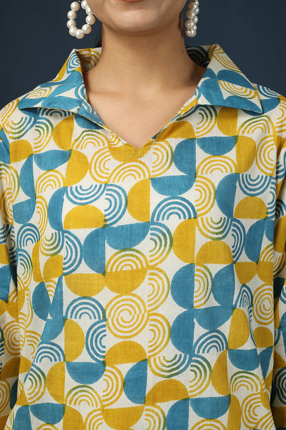 Yellow Blue Abstract Pattern Printed Kurta Pyjama Set