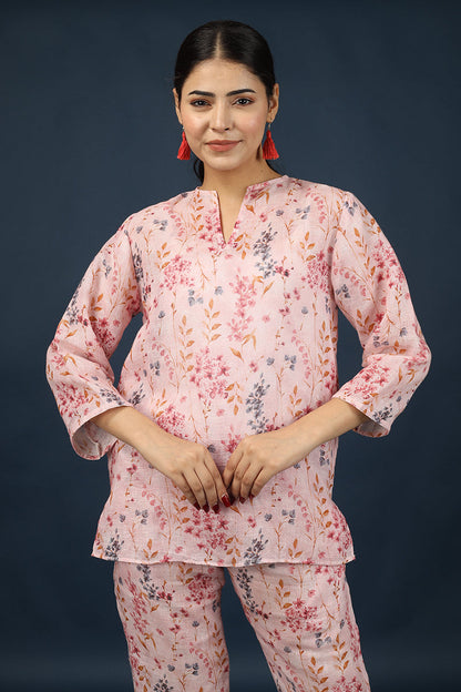 Pink Floral Top Pant 100% Linen