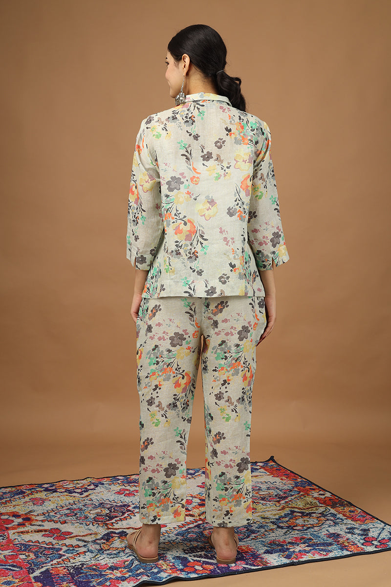Floral Multi-Color Top and Pant Set 100% Linen