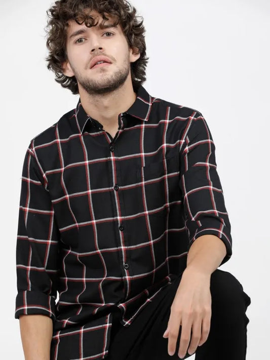 Suburbans Men Black Checked Slim Fit Casual Shirts