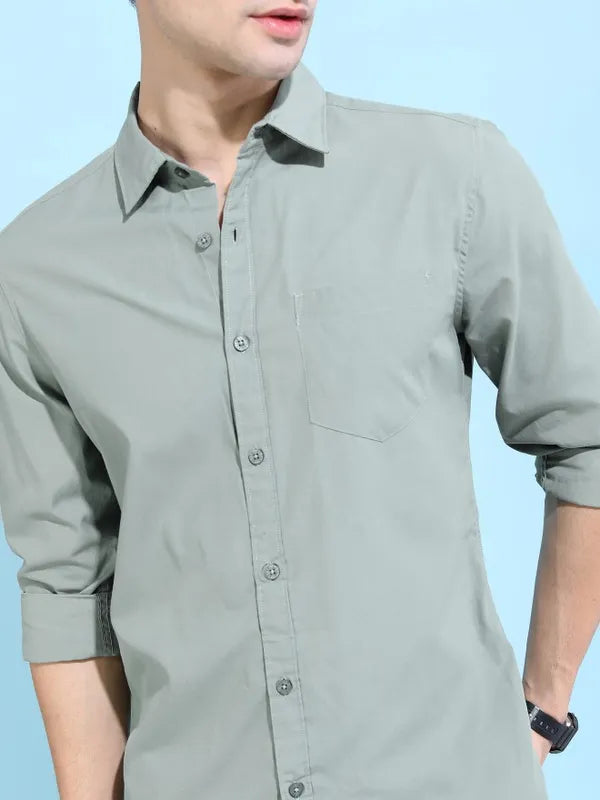 Suburbans Men Green Solid Slim Fit Casual Shirts