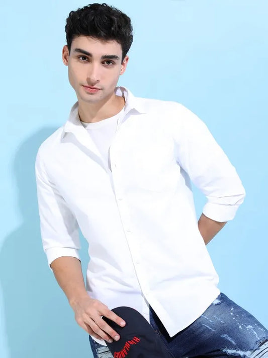 Suburbans Men White Solid Slim Fit Casual Shirts