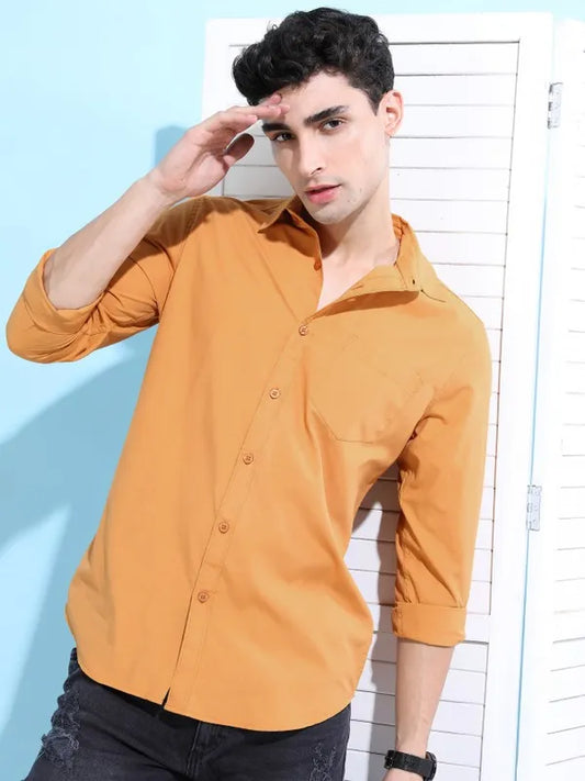 Suburbans Men Yellow Solid Slim Fit Casual Shirts