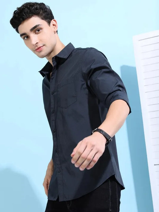 Suburbans Men Blue Solid Slim Fit Casual Shirts