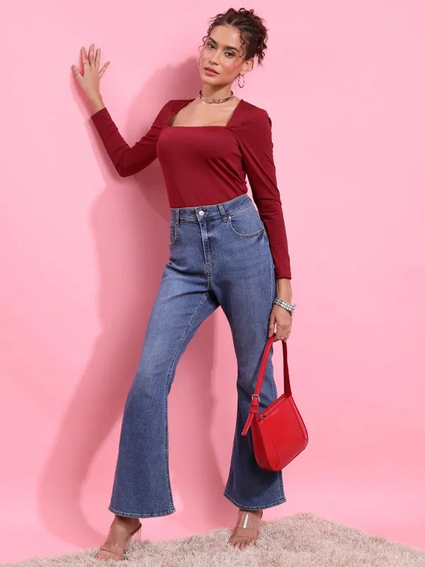 Suburbans  Women Maroon Solid Fitted Tops