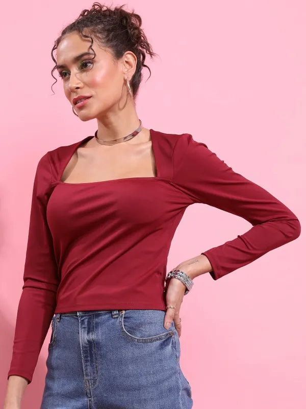 Suburbans  Women Maroon Solid Fitted Tops