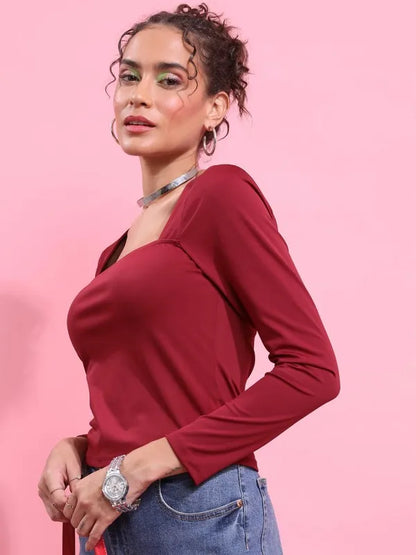 Suburbans  Women Maroon Solid Fitted Tops