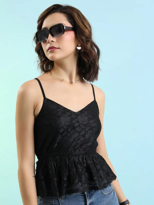 Suburbans   Women Black Self Design Peplum Tops