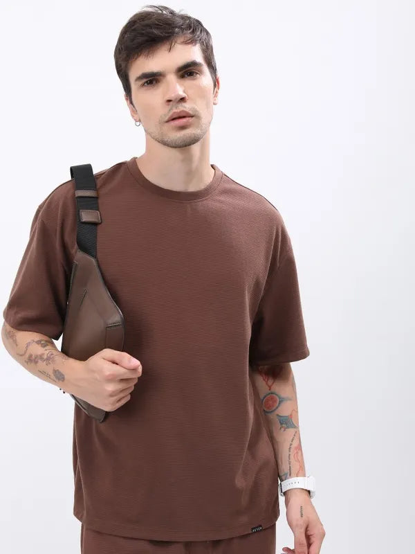 Suburbans  Men Brown Solid Round Neck T-Shirts