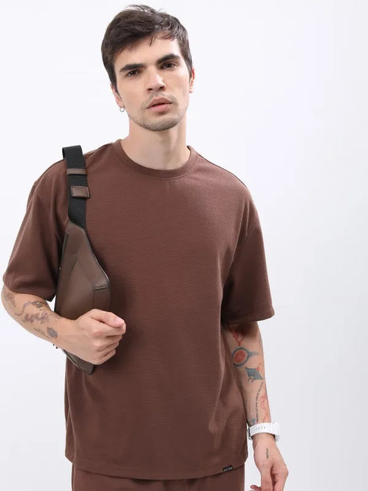 Suburbans  Men Brown Solid Round Neck T-Shirts