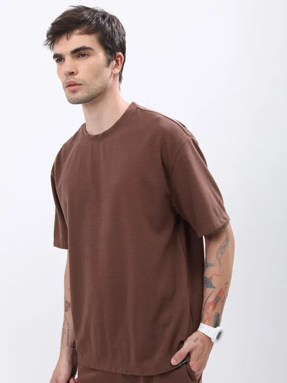 Suburbans  Men Brown Solid Round Neck T-Shirts