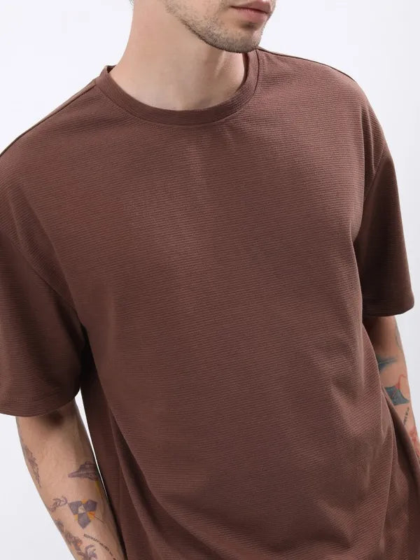 Suburbans  Men Brown Solid Round Neck T-Shirts
