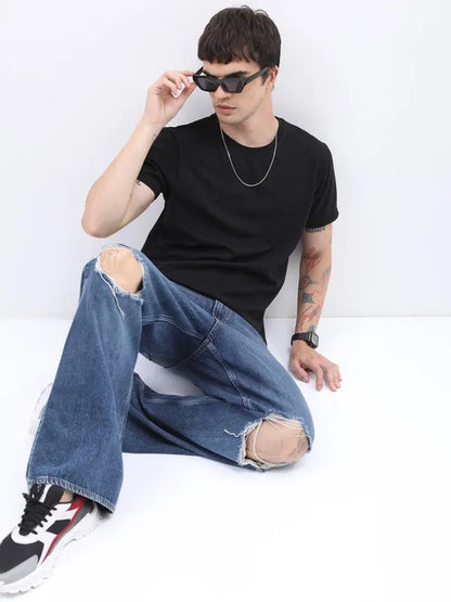 Suburbans  Men Black Self Design Slim Fit T-Shirt