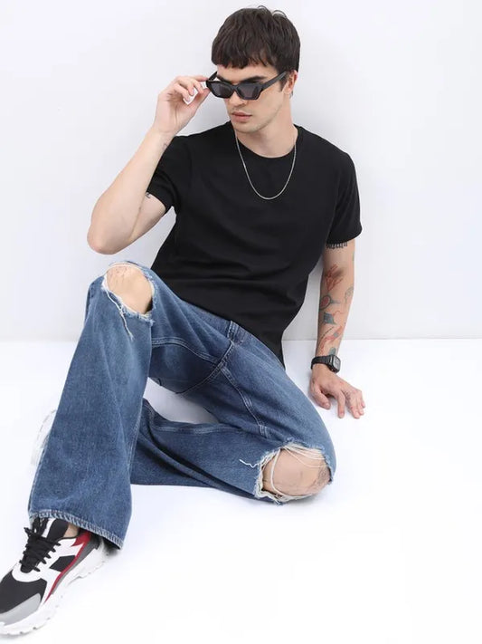 Suburbans  Men Black Self Design Slim Fit T-Shirt