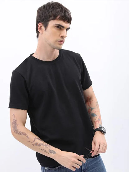 Suburbans  Men Black Self Design Slim Fit T-Shirt