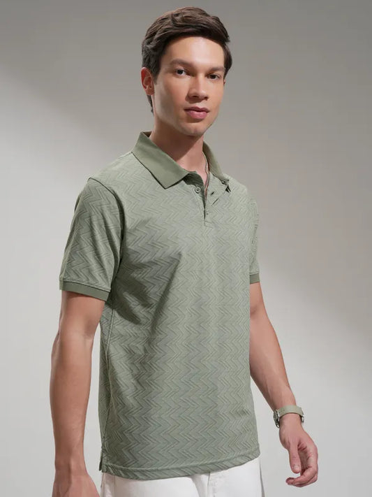 Suburbans Men Olive Self Design Polo Collar T-Shirt